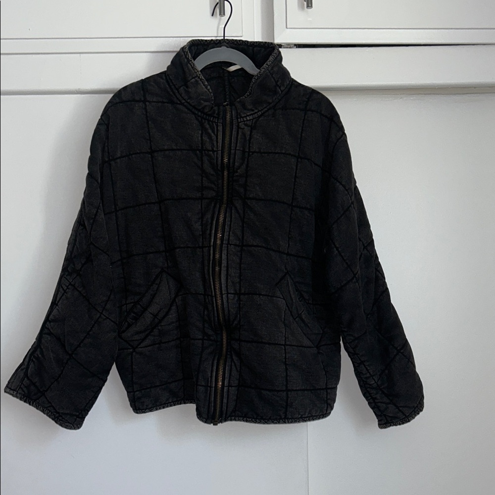 Free People Dark Grey wash Quilted Zip-Up Jacket